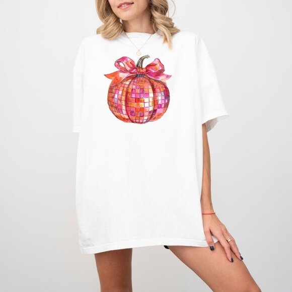 Pink and Orange Disco Ball Pumpkin Comfort Colors T Shirt, Halloween T-shirt - Picture 1 of 4